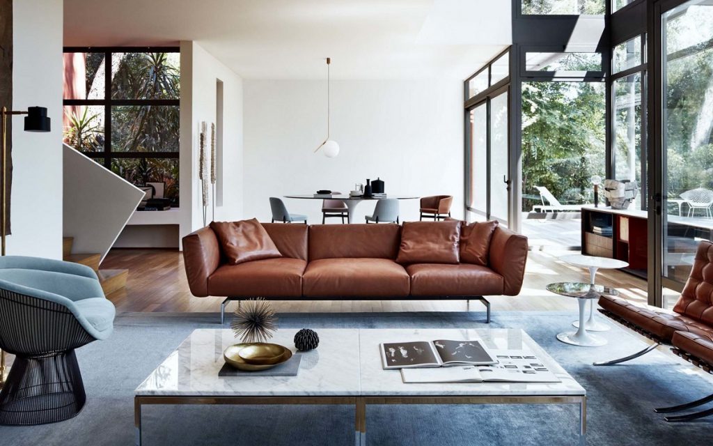 living room modern interior design brown leather sofa stylish interior design white walls in the living room 1